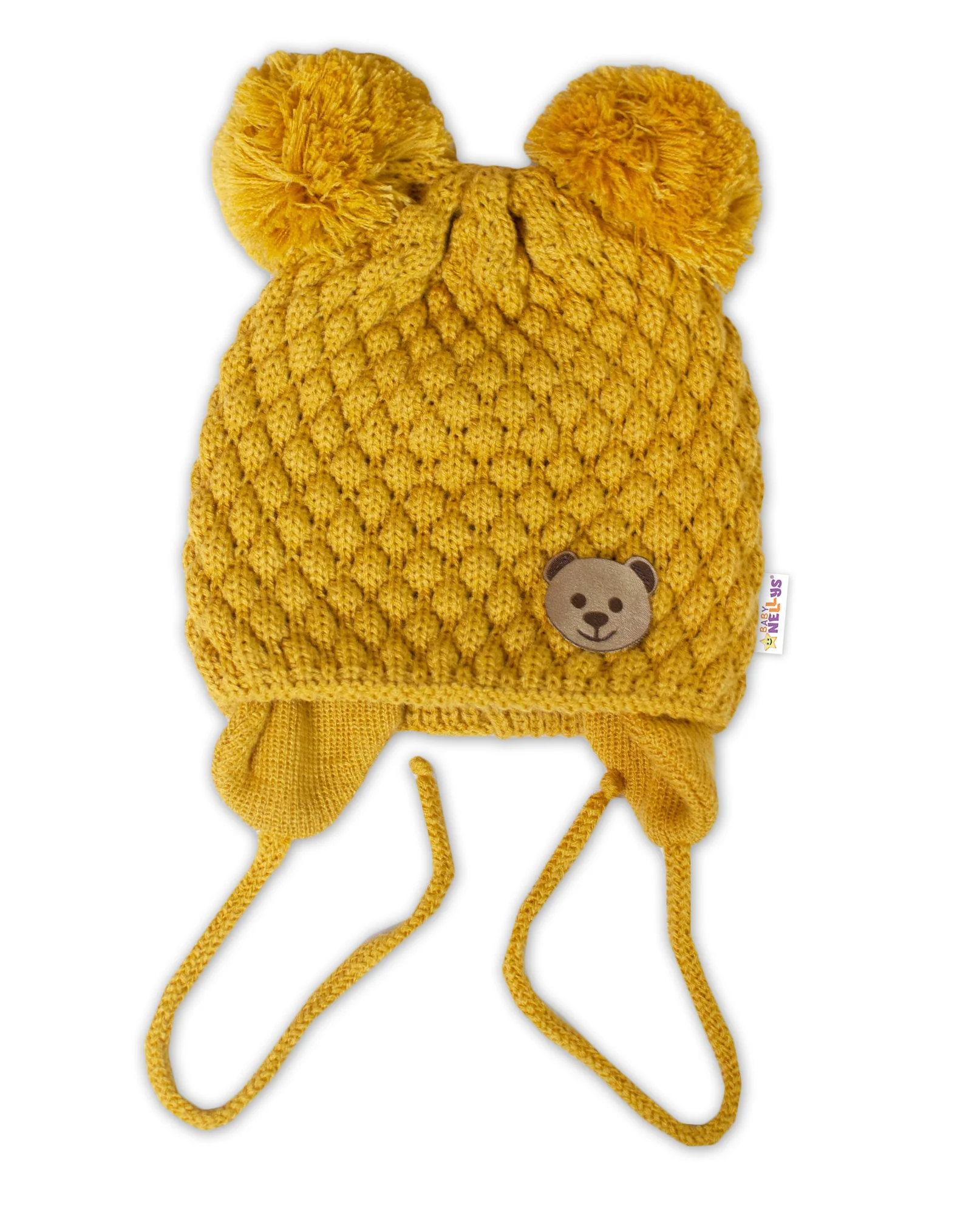Zimná pletená čiapka Teddy Bear na zaväzovanie, horčicová