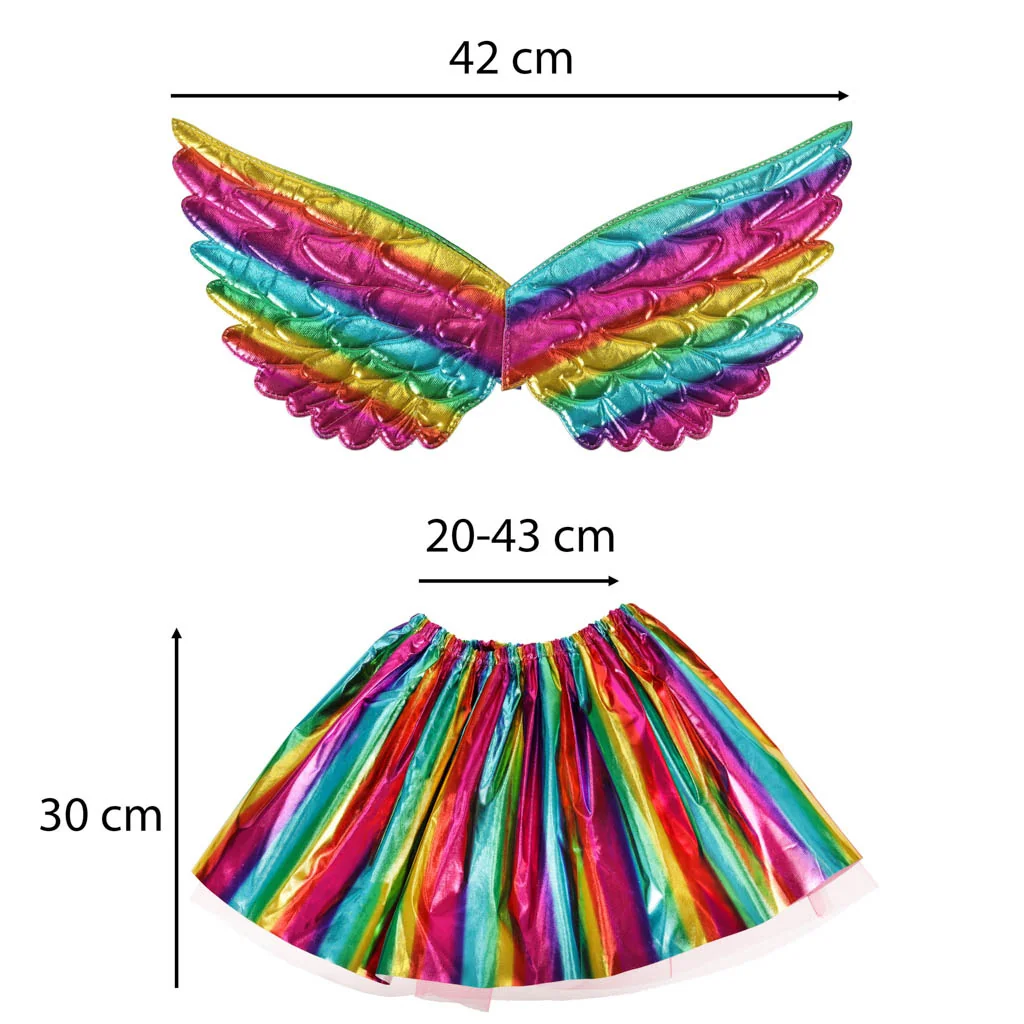 Detský kostým jednorožec – sukňa, krídla a čelenka s rohom, multicolor
