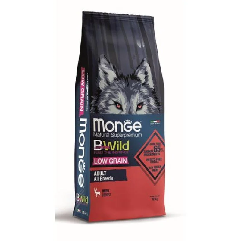 MONGE BWild Low Grain Adult 12 kg kompletné krmivo pre dospelých psov všetkých plemien s jelením mäsom so znížením obsahom obilnín