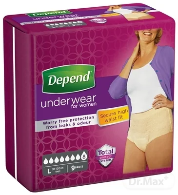 DEPEND SUPER L pre ženy 1×9 ks, naťahovacie nohavičky, obvod bokov 95-130 cm