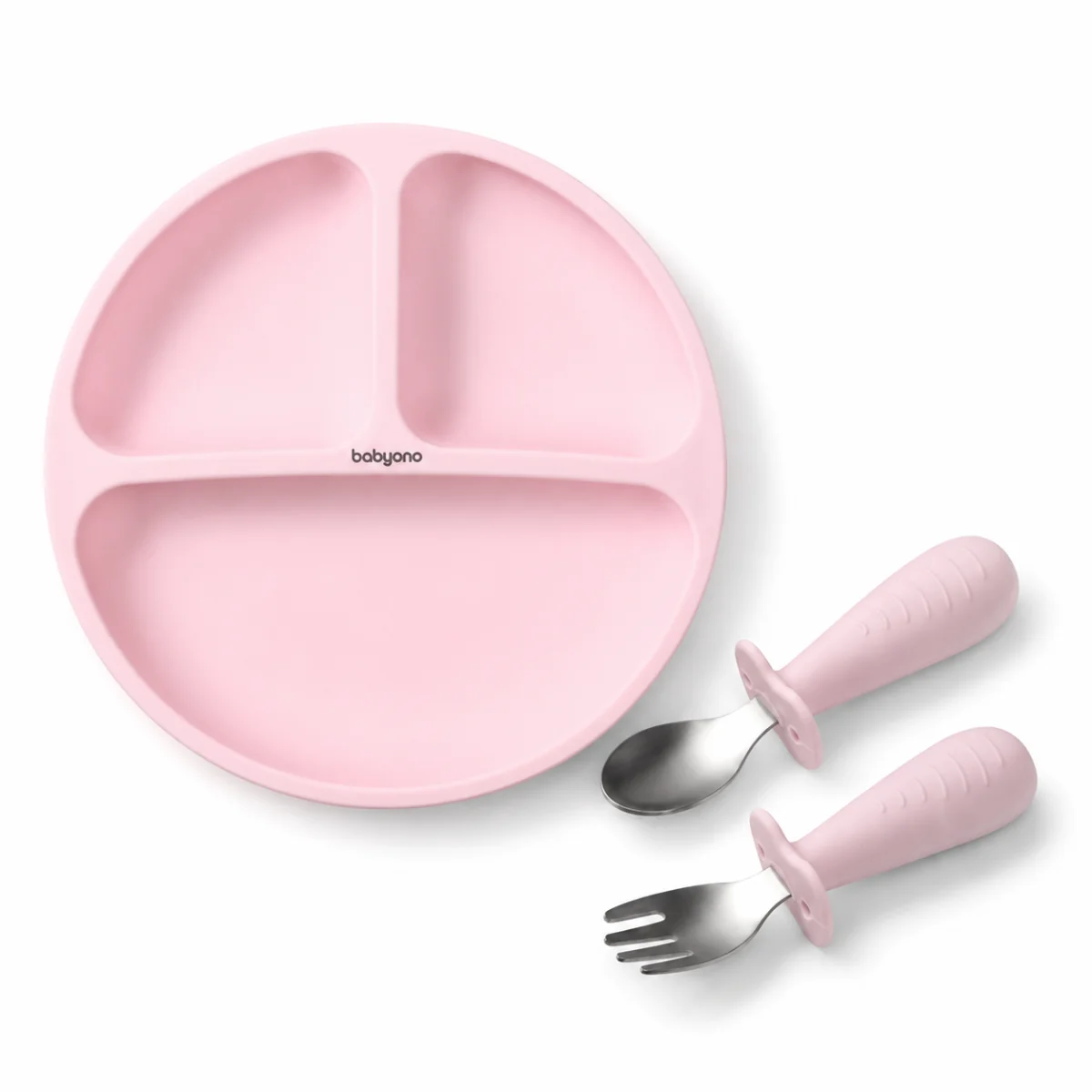 Detský jedálenský set BabyOno, silikónový tanier s prísavkou + príbory nerez,silikón, pink