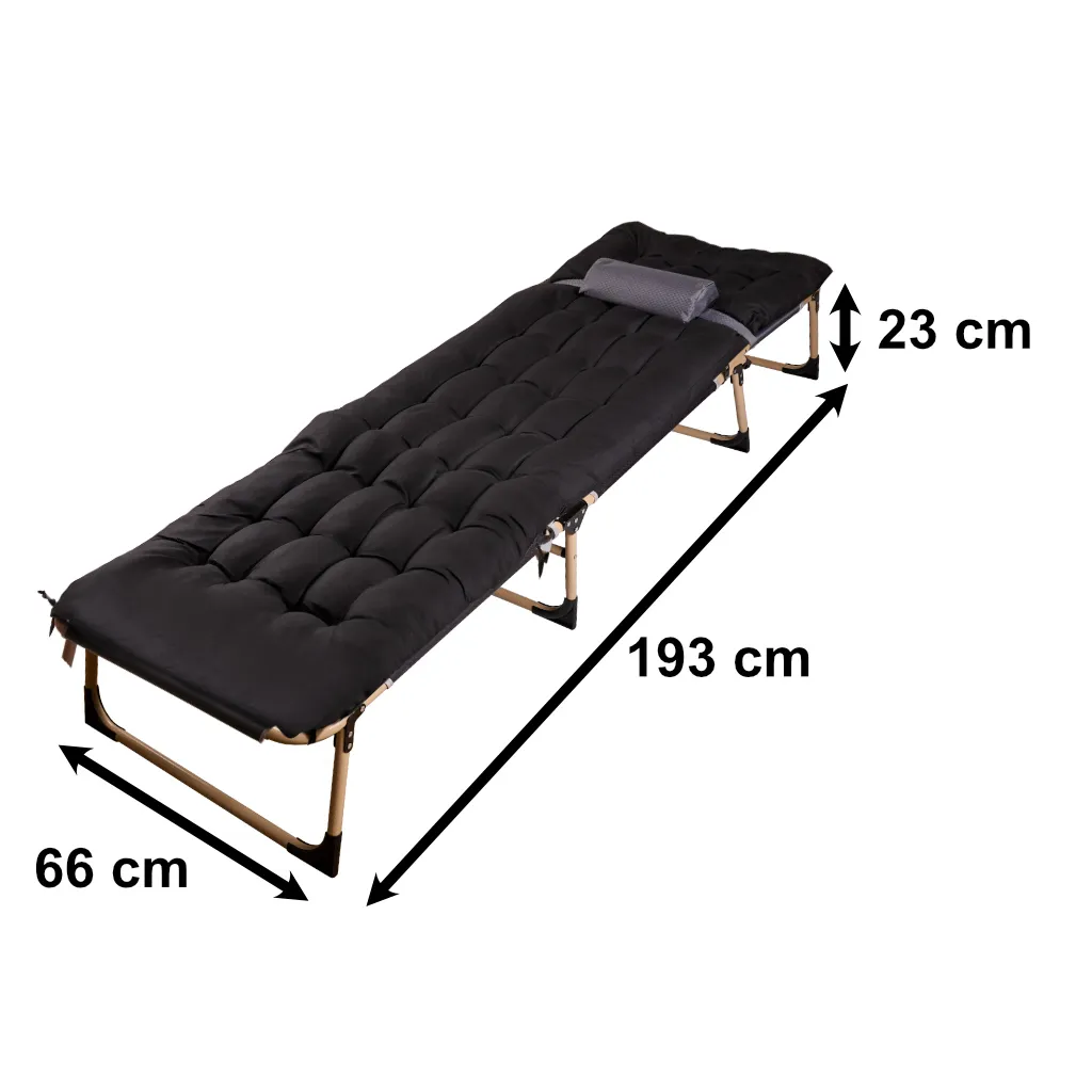Skladacia turistická, kempingová posteľ Canada 193 cm – čierna, nastaviteľné operadlo, nosnosť 120 kg