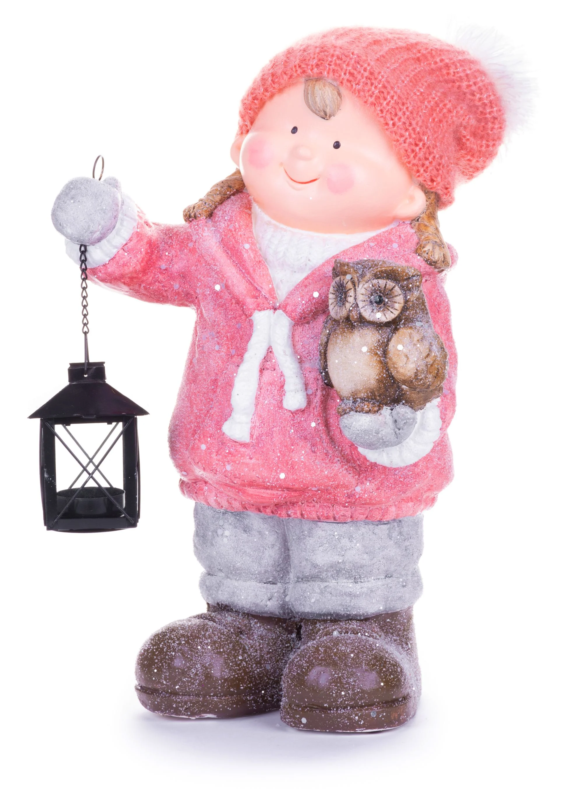 MagicHome vianočná postavička dievčatko s lampášom a sovičkou, 1 ks Keramika, 28x18,5x39,5 cm
