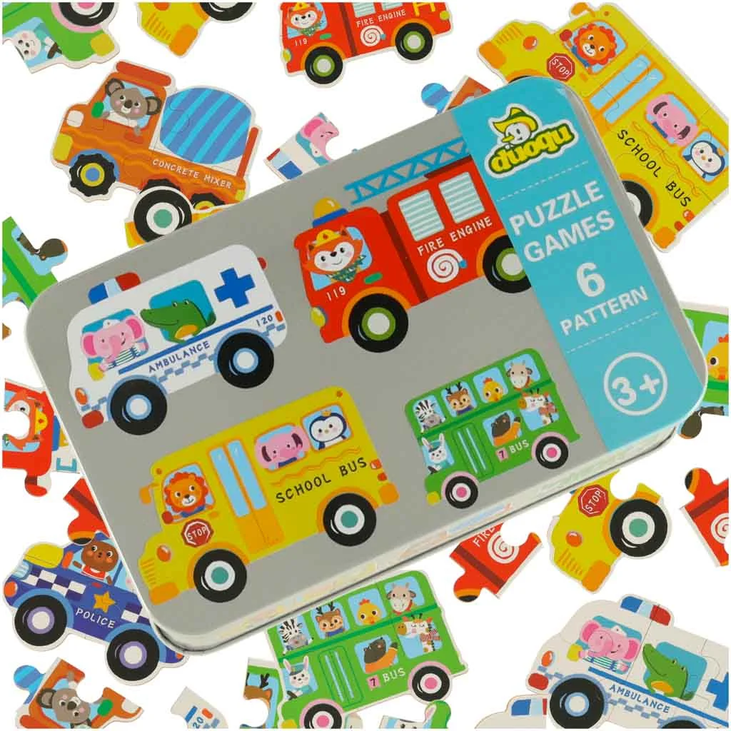 Puzzle pre deti v plechovej krabičke, 30 dielikov, vozidlá