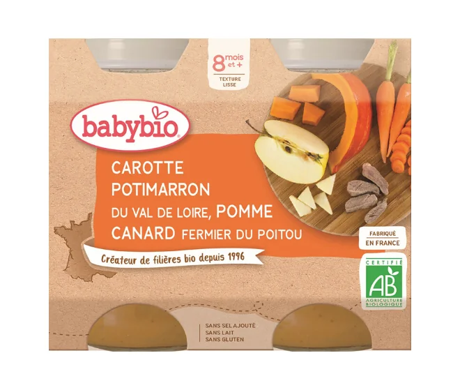 BABYBIO Menu mrkva, tekvica a jablká s kačacím mäsom (2x 200 g) 2×200 g, mäsozeleninový príkrm