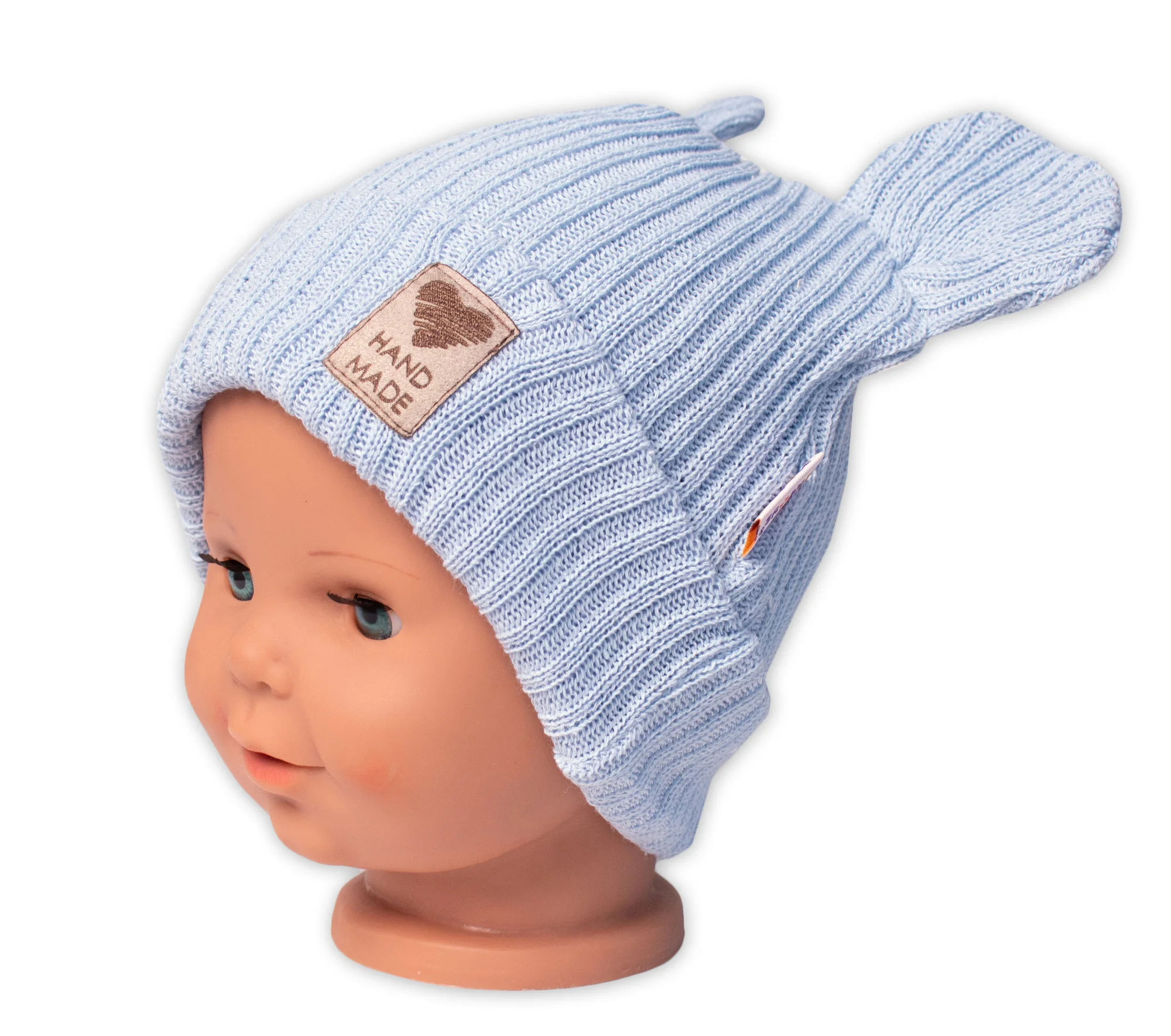 Pletená bavlněná čiapka s uškami, dvojvrstvová, Hand Made Baby Nellys, modrá