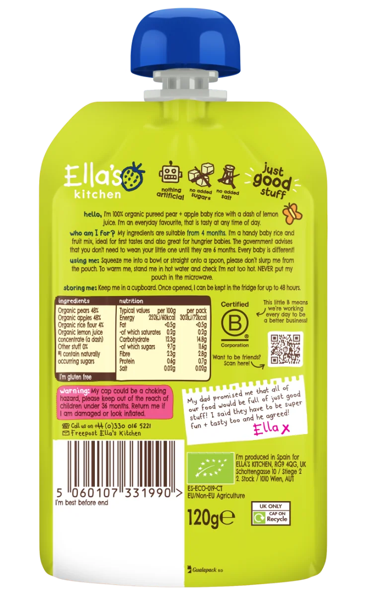 Ella's Kitchen BIO Detská ryža, hruška a jablko 1×120 g, detská výživa