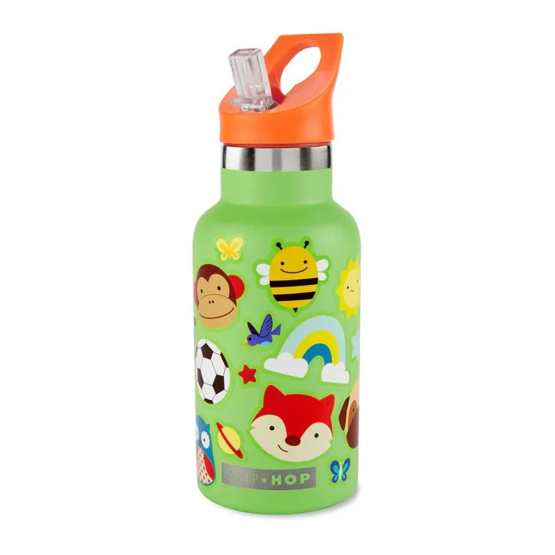 Fľaša s nálepkami so slamkovým náustkom nerezová zelená 380 ml, 4r+