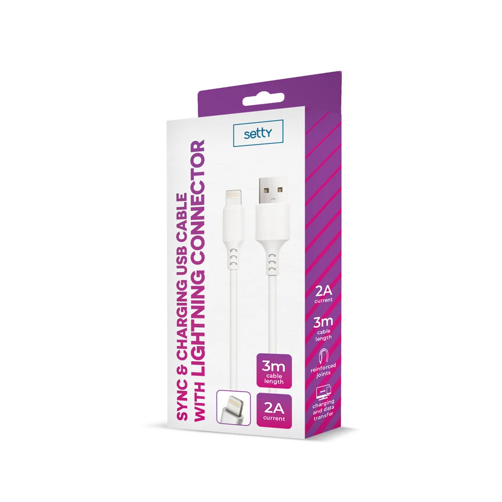 SETTY USB - Lightning kábel 3,0 m 2A, biela (GSM109583)