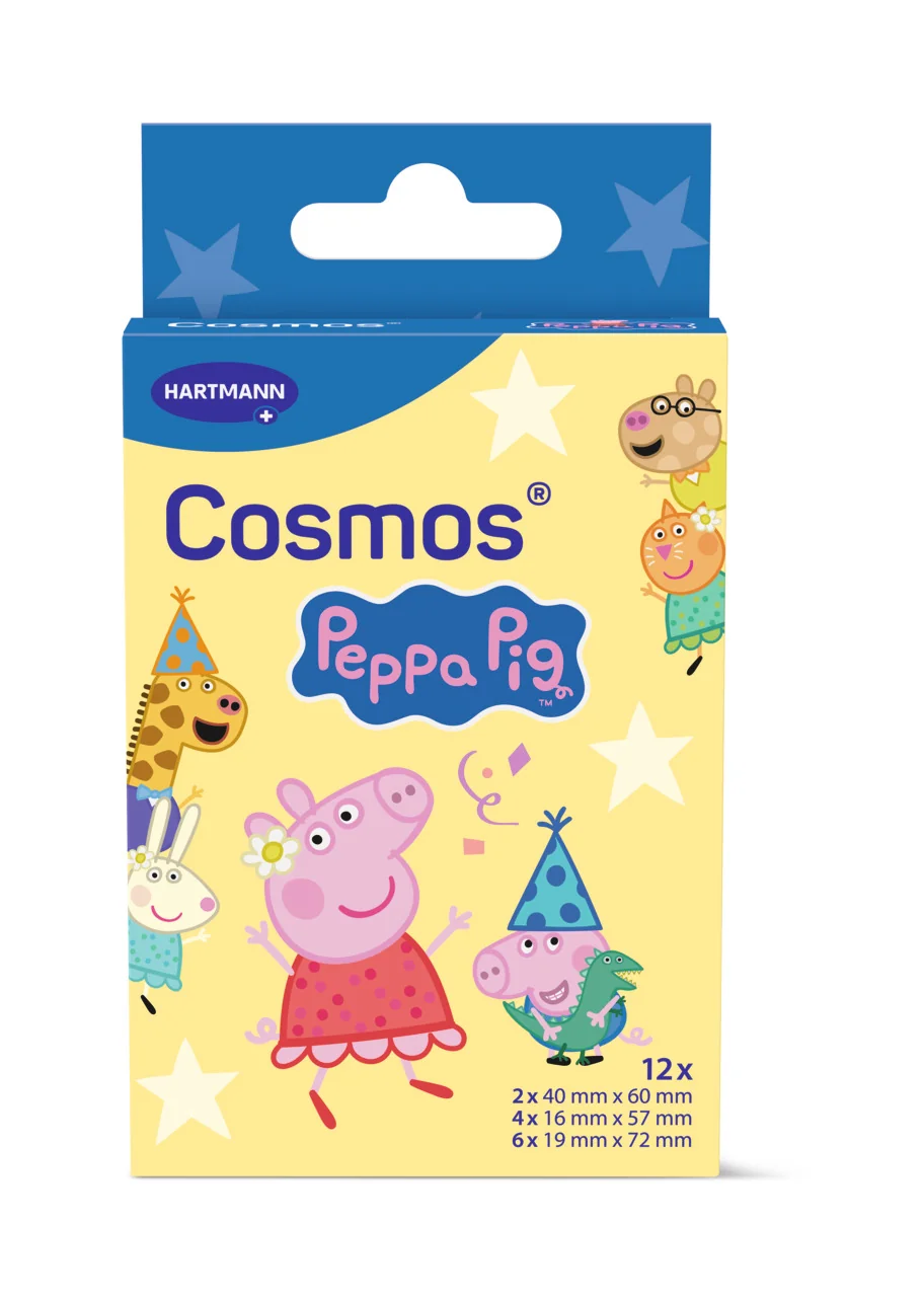 Cosmos Peppa Pig, vodeodolná detská náplasť na rany, 3 veľkosti 12 ks