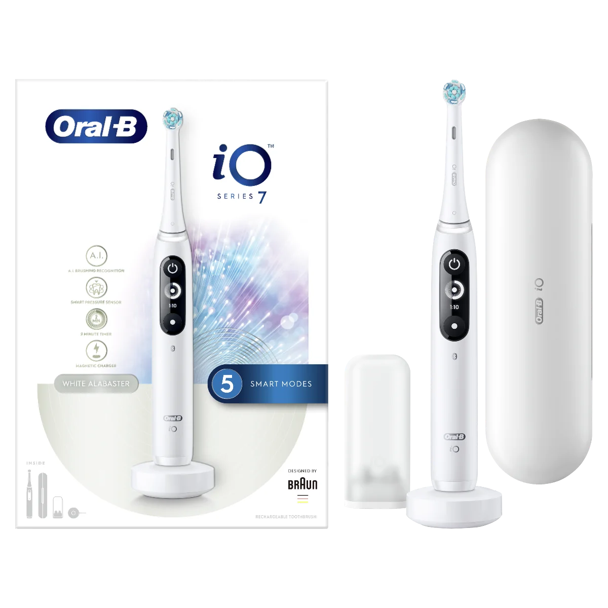 Oral B EK iO Series 7 White + držiak zubnej kefky + cestovné púzdro 1×1 set, elektrická kefka s držiakom a puzdrom