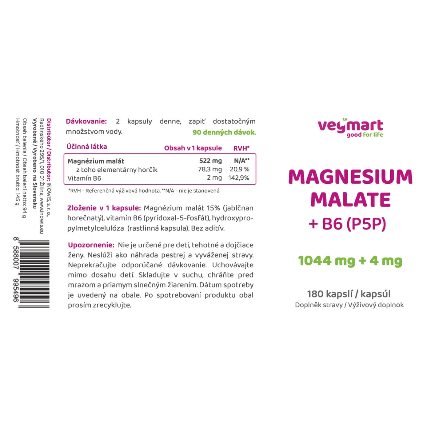 Vegmart Magnézium malát 15% + Vitamín B6 (P5P), 180 kapsúl