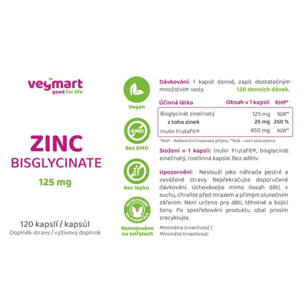 Vegmart Zinok Bisglycinát 125 mg, 120 kapsúl