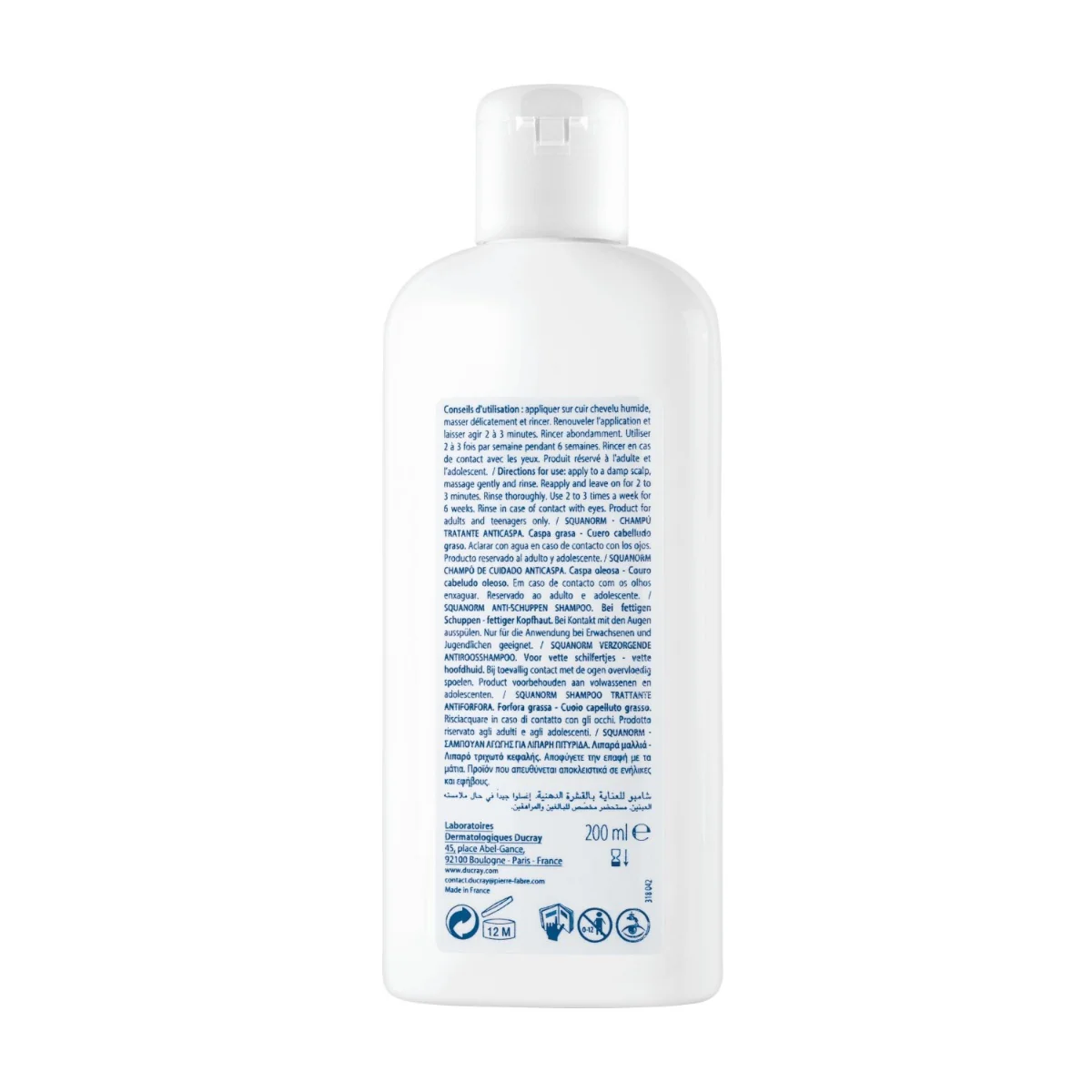 DUCRAY SQUANORM - PELLICULES GRASSES 1×200 ml, šampón proti mastným lupinám