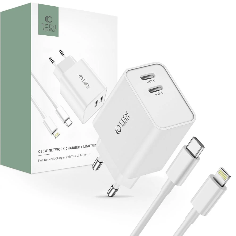 Tech-Protect C35W sieťová nabíjačka 2x USB-C 35W + kábel USB-C / Lightning, biela ning, biela