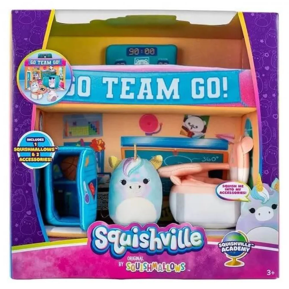 Sada hračiek Squishville SQM0325 Škola, super mäkká hracia súprava s 5 cm minifigúrkou a doplnkami-Squishville