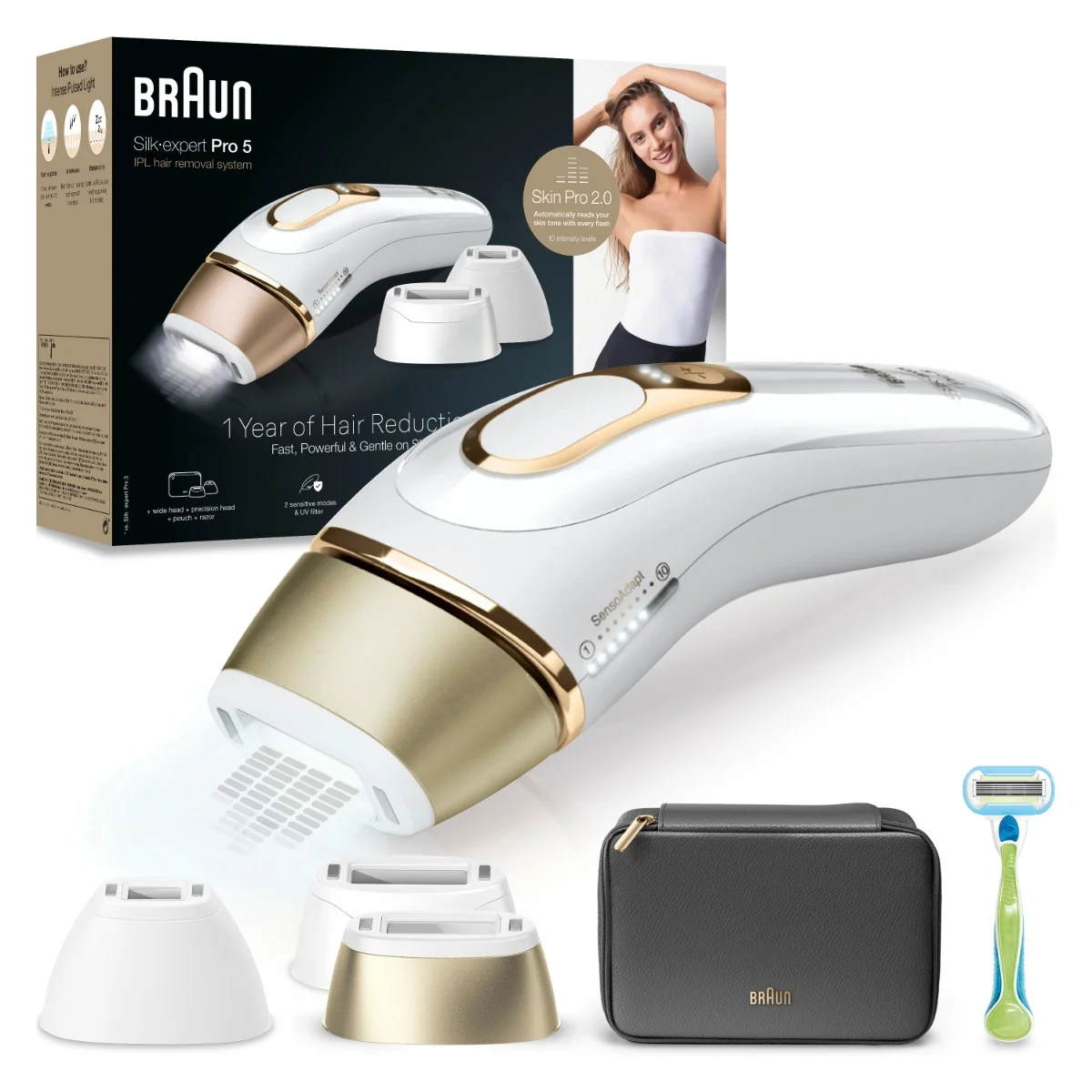 Braun IPL Silk·expert Pro 5, Odstraňovanie Chĺpkov v Pohodlí Domova, S Puzdro, 3 Hlavice, PL5242 1×1 ks, epilátor