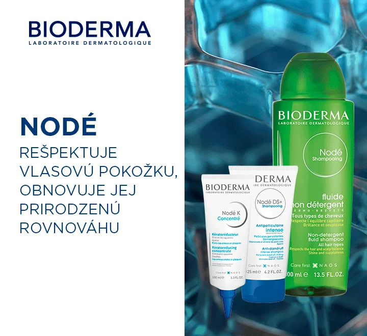 Reklamný banner s produktami radu Bioderma Nodé so sloganom a ženou odhaľujúcou vlasovú pokožku.