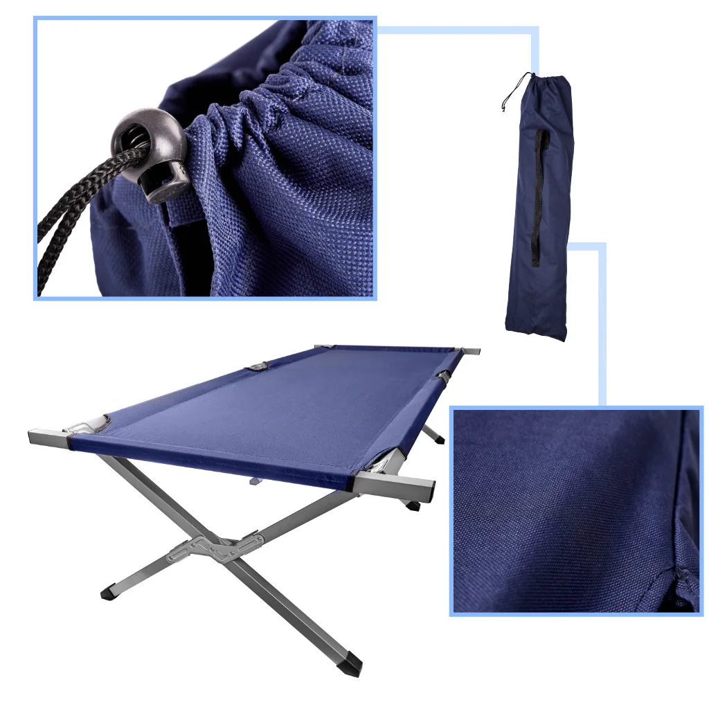 Skladacia turistická, kempingová posteľ Canada XXL 150 kg – 190 × 70 cm, modrá