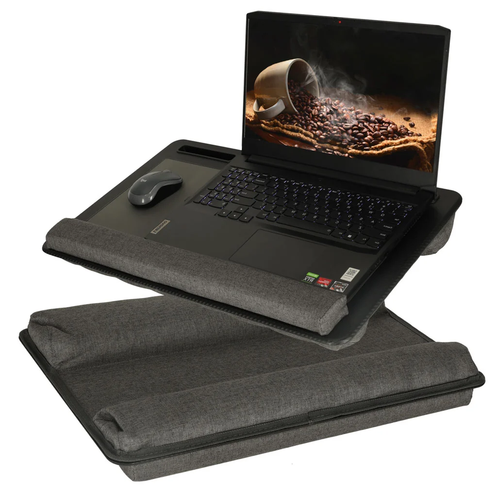 Čierny stolík na notebook s ergonomickým vankúšom – prenosný stojan s opierkou na zápästie