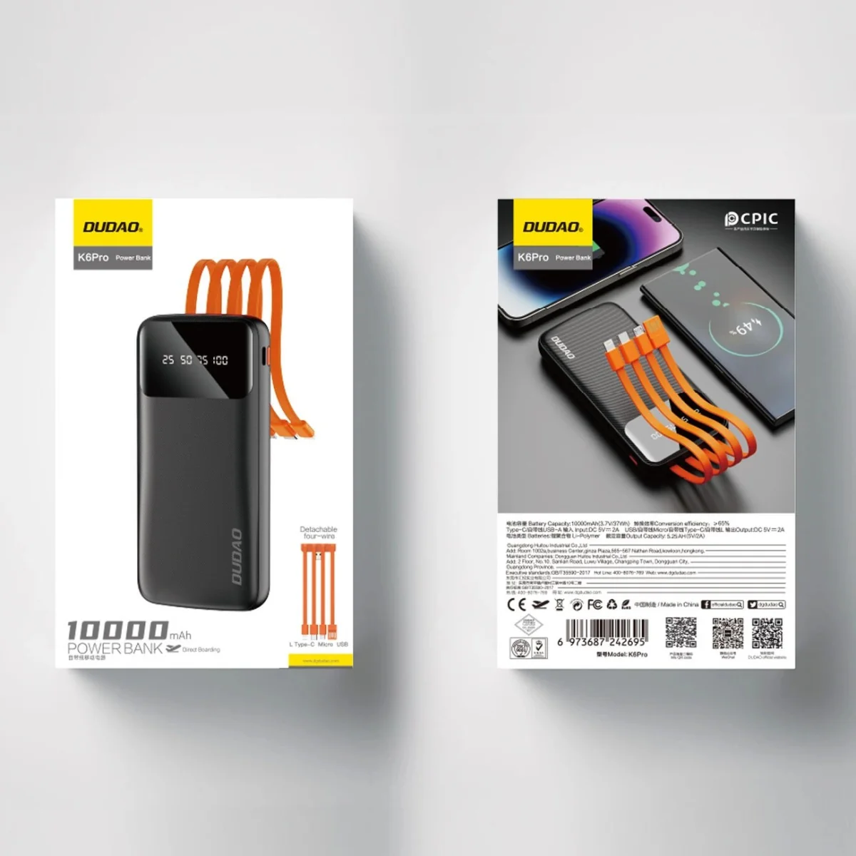 Dudao K6Pro Power Bank 10000mAh 2x USB + kábel USB / USB-C / Lightning / Micro USB, čierny