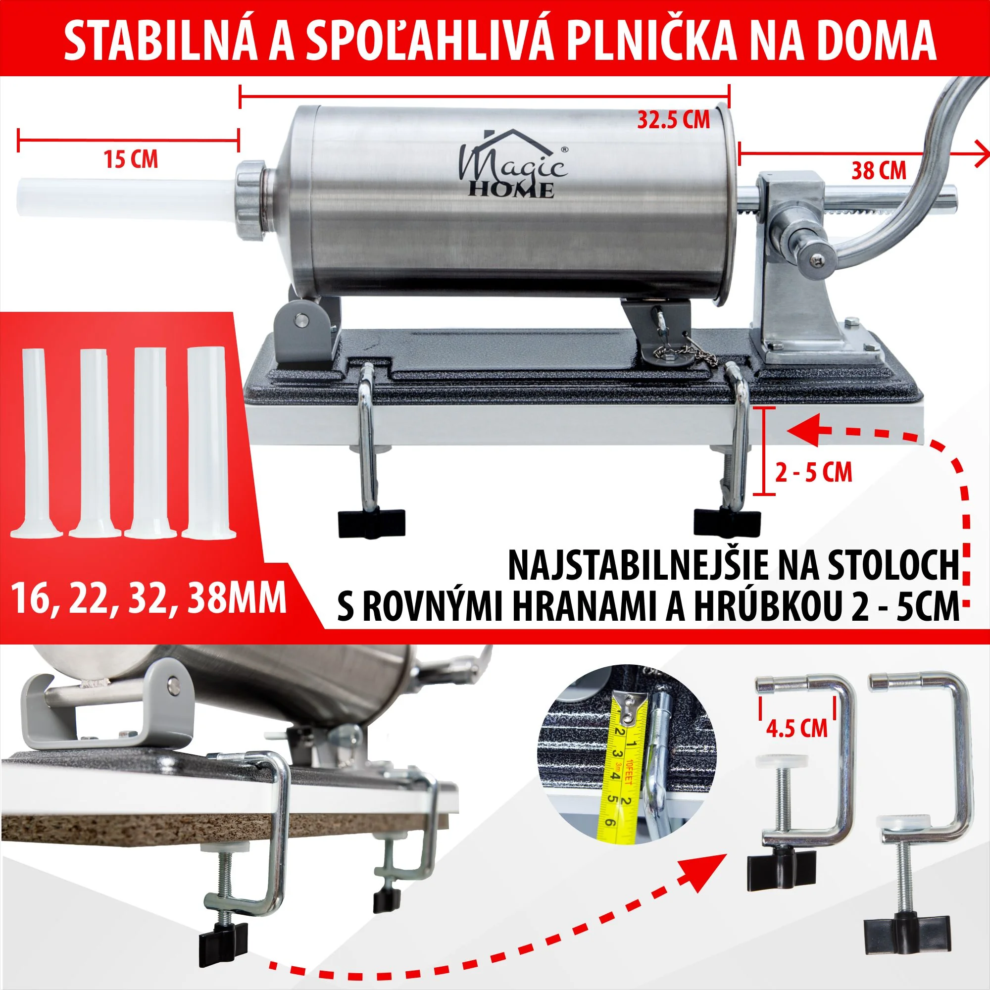 MagicHome ručná plnička SM208, 1 ks Na klobásy a jaternice, horizontálna, 4 kg