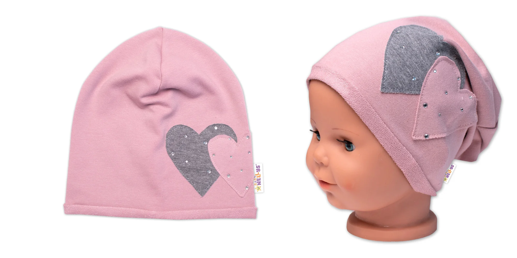 Detská čiapka bavlna, Srdiečka s kamienkami, Baby Nellys, púdrová, veľ. 104/134