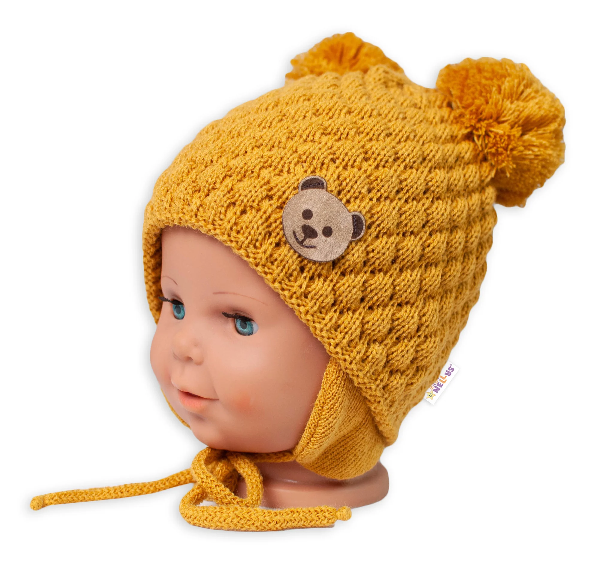 BABY NELLYS Zimná pletená čiapka Teddy Bear na zaväzovanie, horčicová, 68/80, (6-12m)