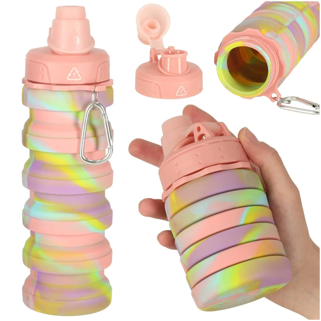 Silikónová skladacia fľaša 500 ml s uchom – BPA free, dúhová 
