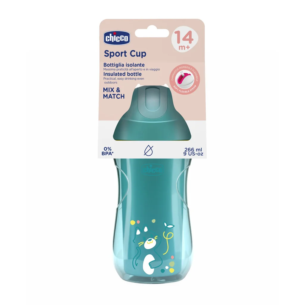 CHICCO Hrnček Sport termo so slamkou teal, 14m+ 1x1 ks