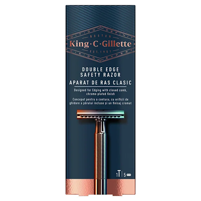 King C Gillette Holiaci strojček s obojstranou čepieľkou + 5 obojstranných čepieľok 1×1 set, holiaci strojček + 5 náhradných hlavíc