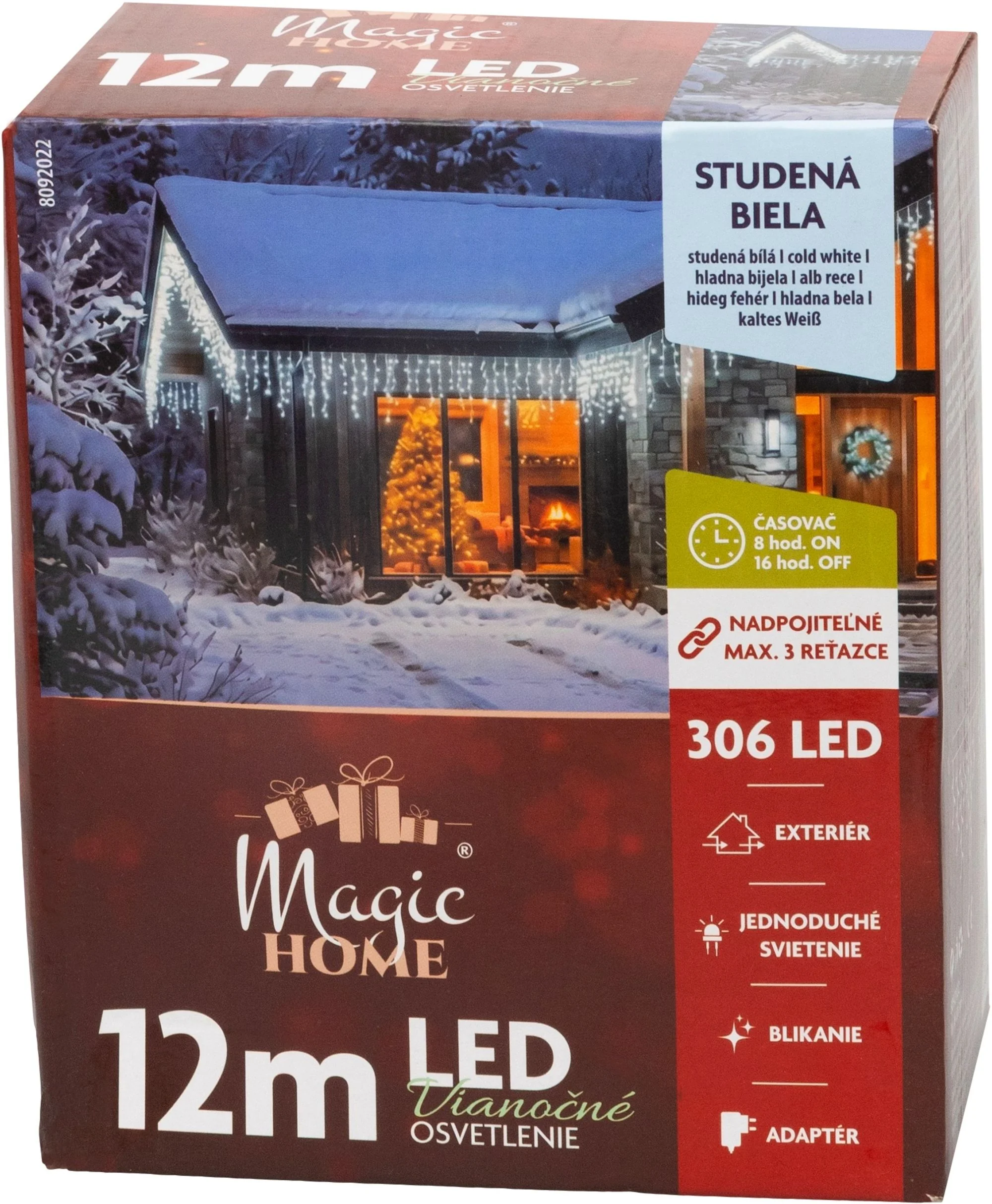 MagicHome vianočná LED reťaz, 1 ks Časovač, 306 LED, studená biela, 10 funkcií, 12 m, IP44