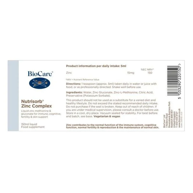 Biocare Nutrisorb® Tekutý Zinok - Glukonát zinočnatý + Zinok l-metionín, 150 ml