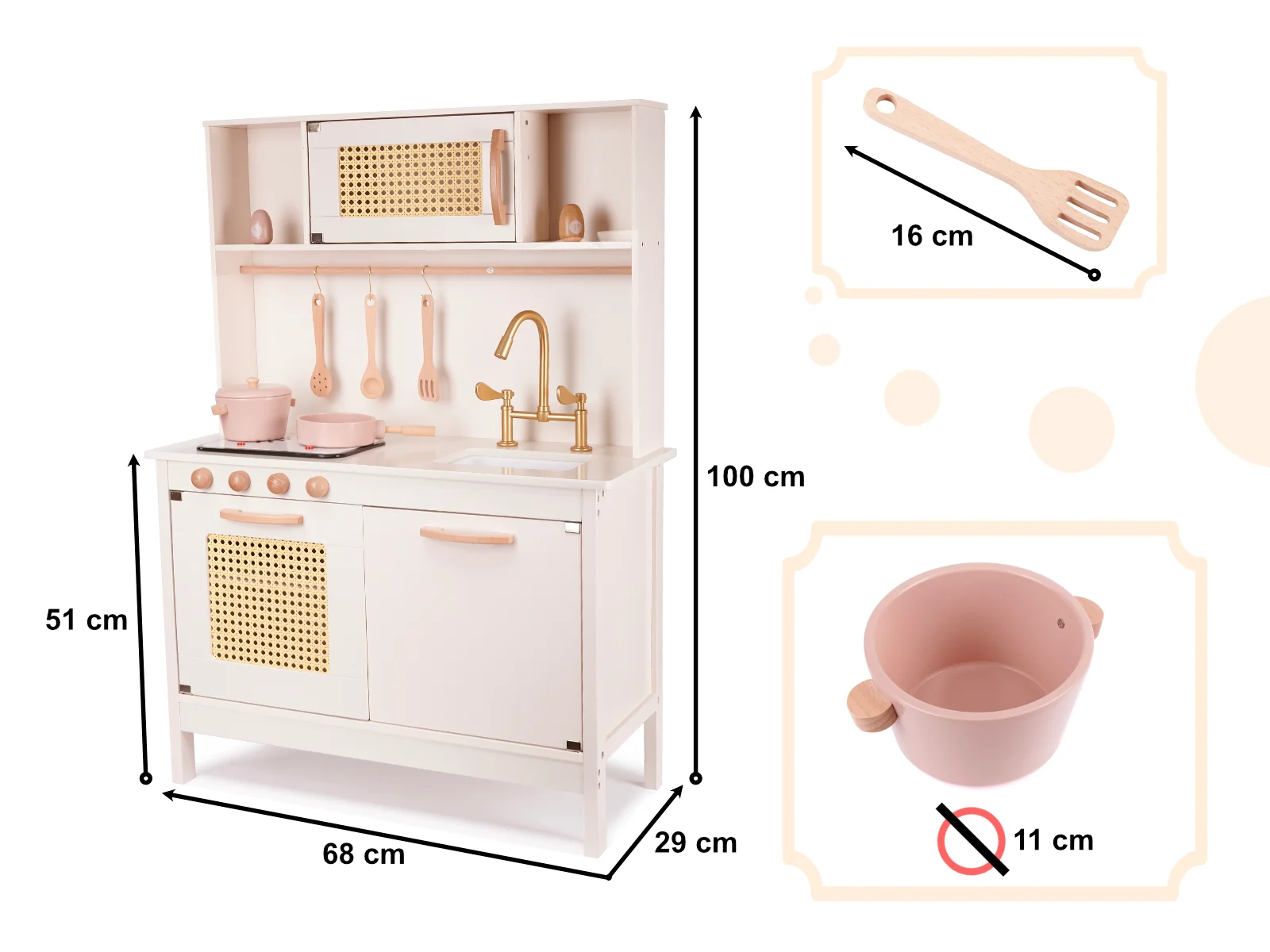 Drevená kuchynka RETRO s doplnkami – krémová, 100 cm 