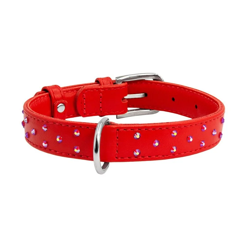 Plochý kožený obojok červenej farby s kryštálmi, Obvod krku: 30-39 cm, širka: 20 mm