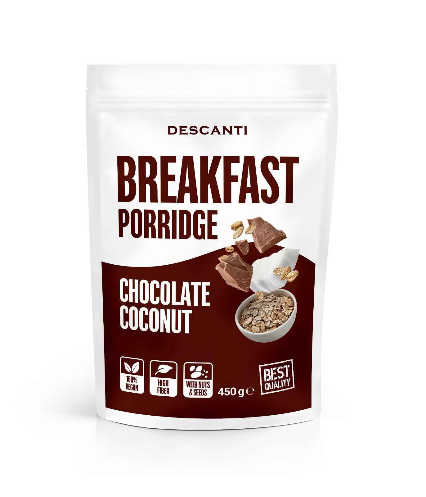 DESCANTI Raňajková kaša chocolate coconut 1×450 g, ovsená kaša