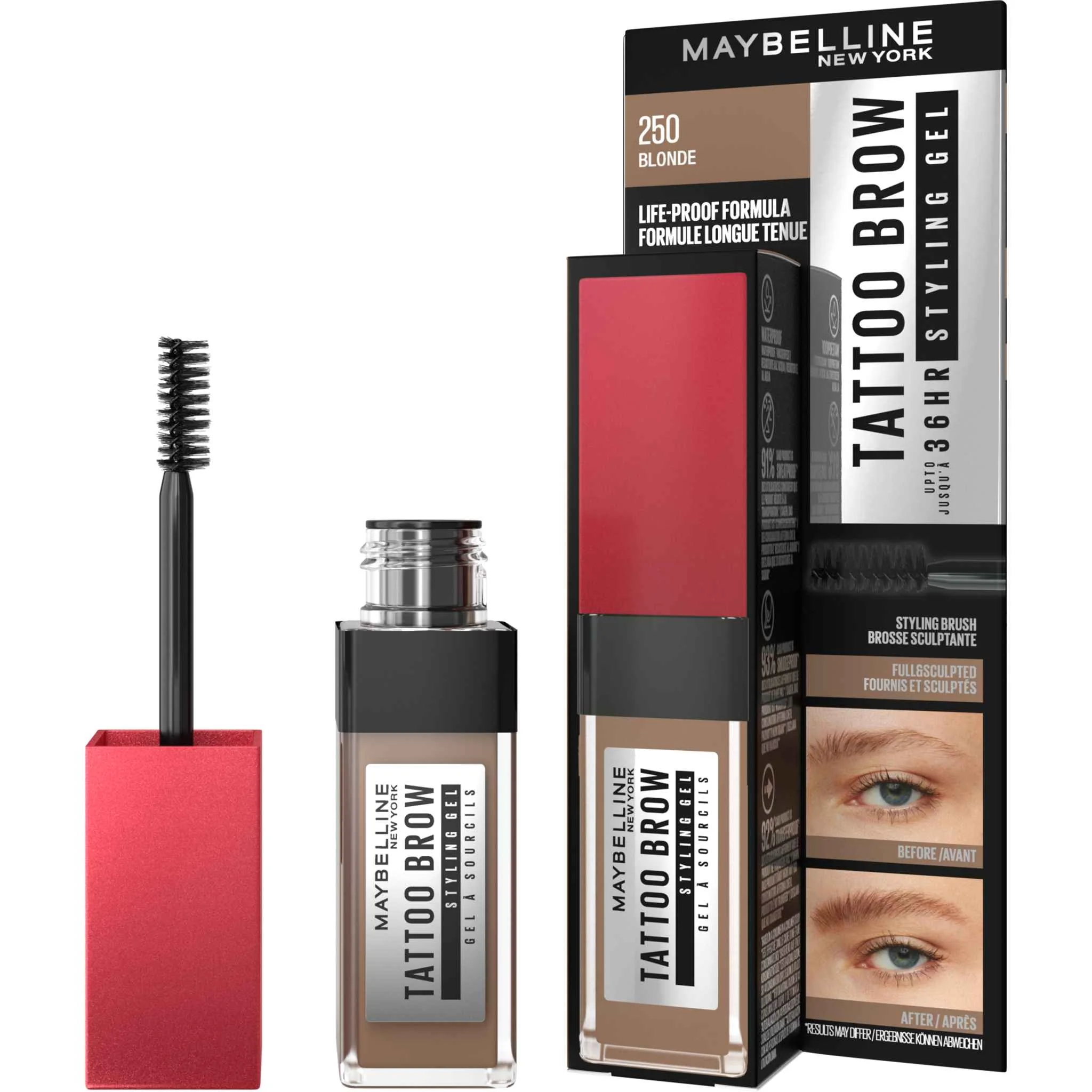 Maybelline New York Tattoo Brow 36H Styling Gel 250 Blonde dlhotrvajúci gél na obočie, 6 ml 1× 6 ml, gél na obočie