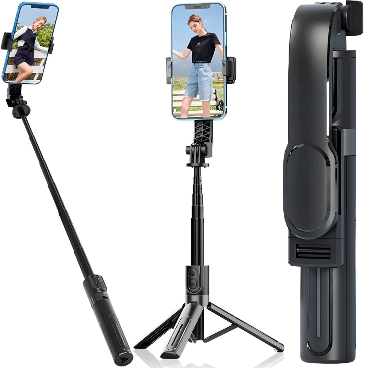 Selfie tyč s tripodom a Bluetooth ovládačom - Čierna