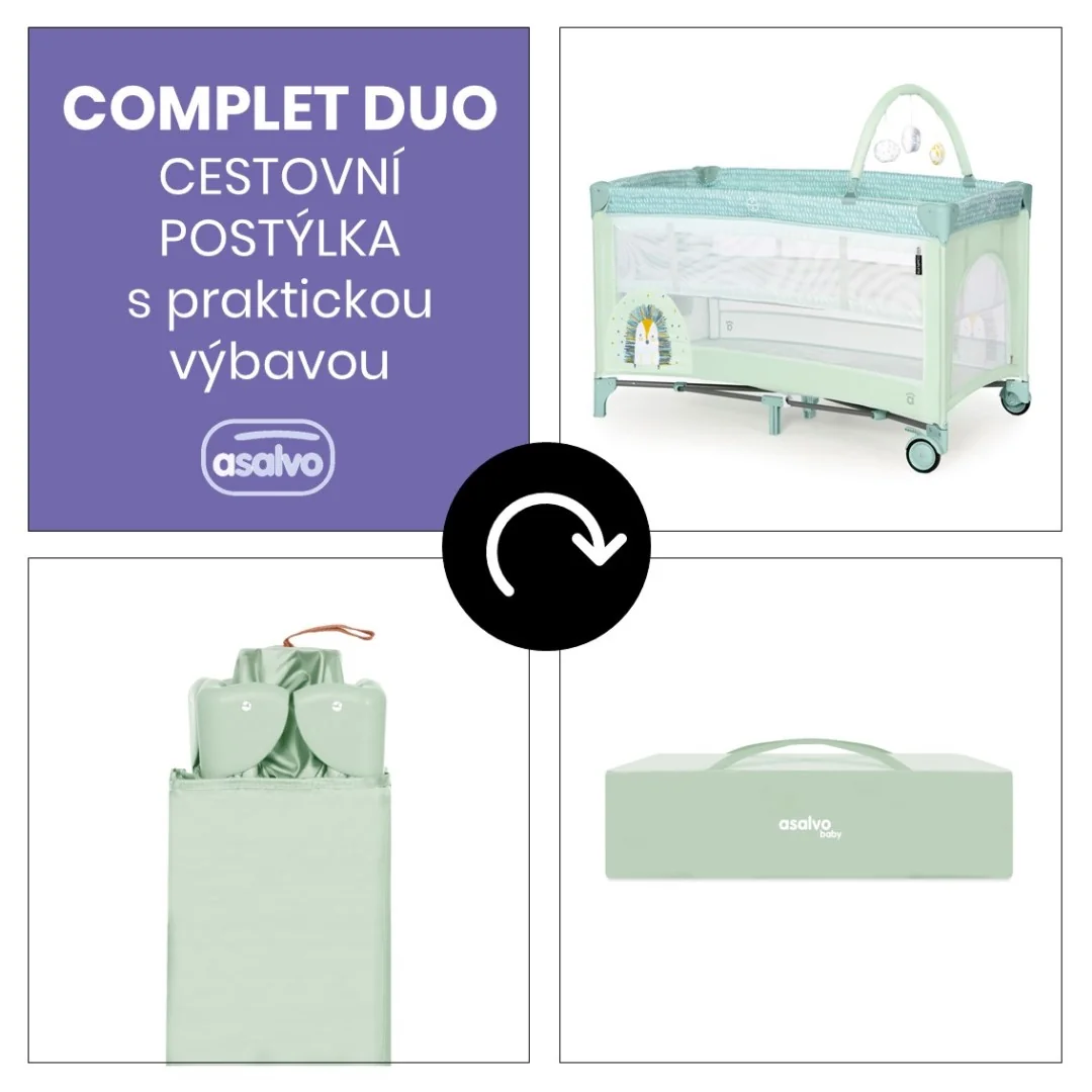 Asalvo Complet Duo cestovná postieľka Ježko, závesné lôžko, hrací oblúk
