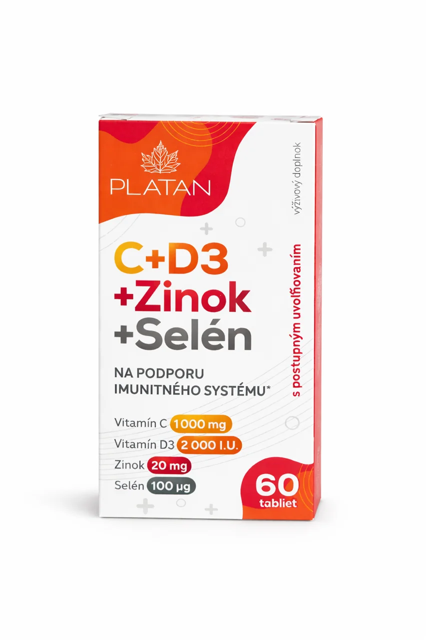 PLATAN Vitamín C+D+Zinok+Selén 60 tabliet Vitamín C-1000mg + Vitamín D 2000 IU + Zinok 20mg + Selén 100 µg