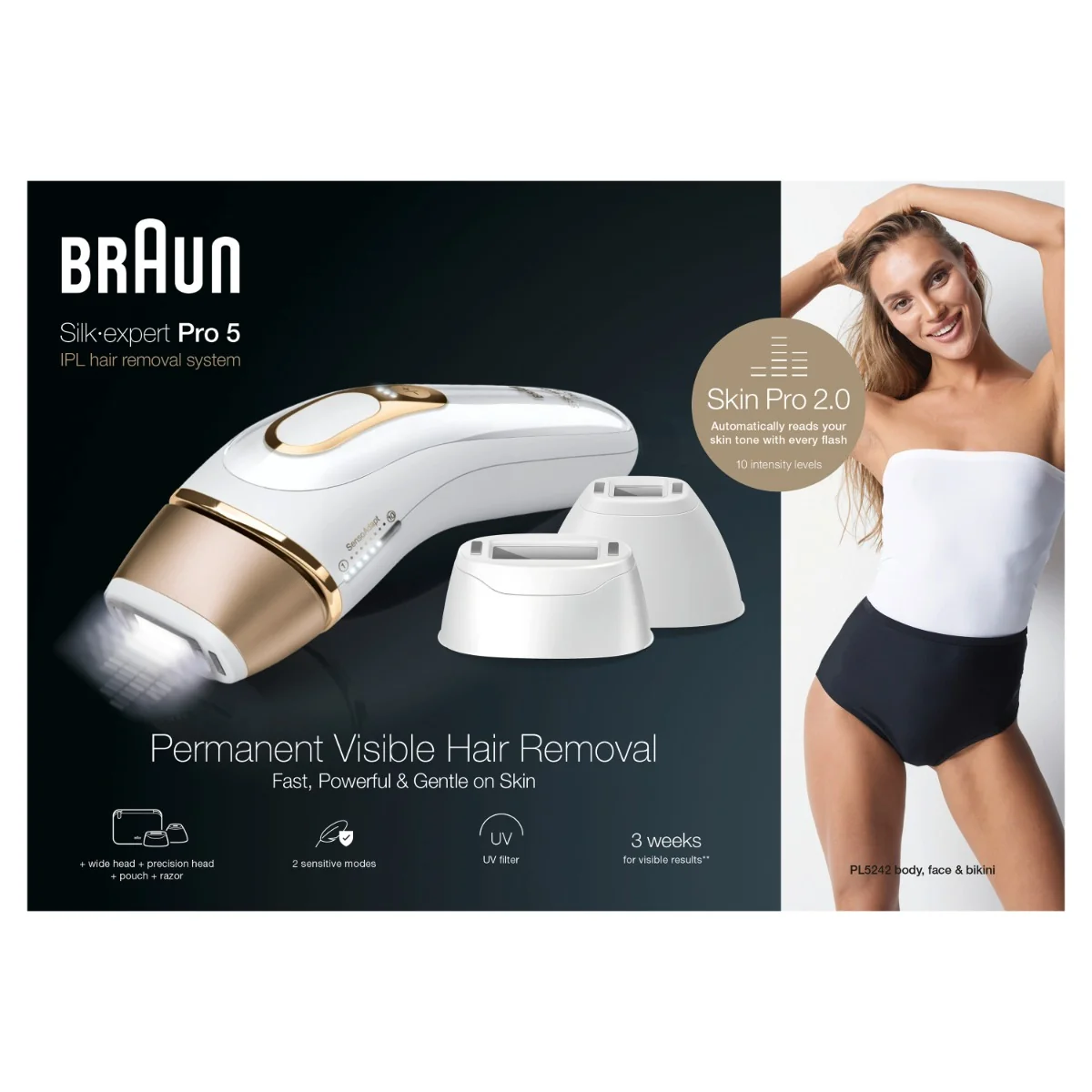 Braun IPL Silk·expert Pro 5, Odstraňovanie Chĺpkov v Pohodlí Domova, S Puzdro, 3 Hlavice, PL5242 1×1 ks, epilátor