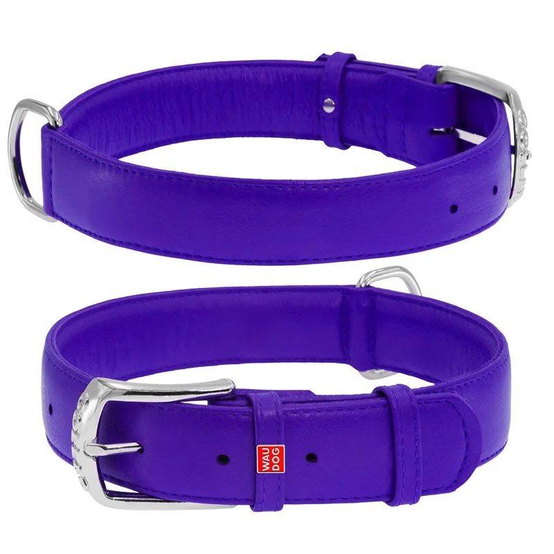 Plochý kožený obojok fialovej farby, Obvod krku: 19-25 cm, širka: 9 mm
