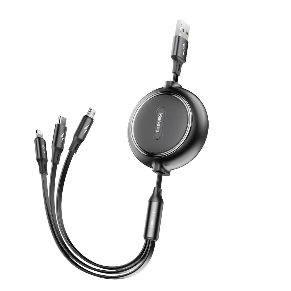 Baseus Golden Loop 3in1 USB kábel - micro USB / Lightning / USB-C 35-120cm, čierny 20cm, čierny