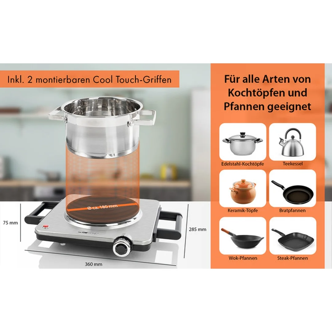 Clatronic EKP 3788 jednoplatnička, nerez, 1500 W, priemer 18 cm
