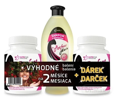 NUTRICIUS Perfect HAIR new DUO + darček 1×1 set, tablety metionín 500 mg 2×100 (200 ks) + Perfect HAIR šampón s kofeínom 550 ml zadarmo