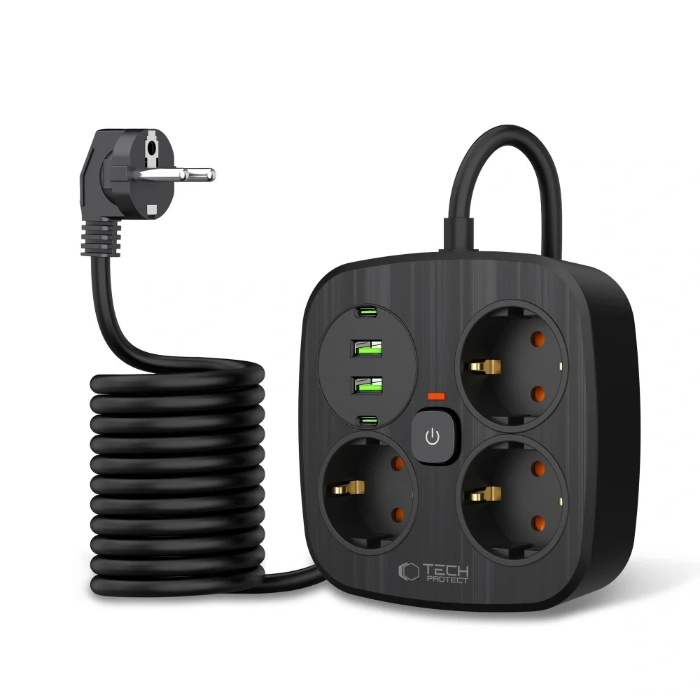 Tech-Protect PCS3X4 predlžovací kábel 2x USB / 2x USB-C / 3 zásuvky 2m, čierna , čierna