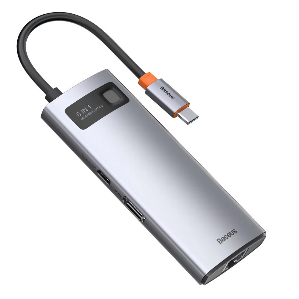 Baseus Metal Gleam HUB adaptér USB-C - USB-C, 3x USB, HDMI, RJ45, šedý