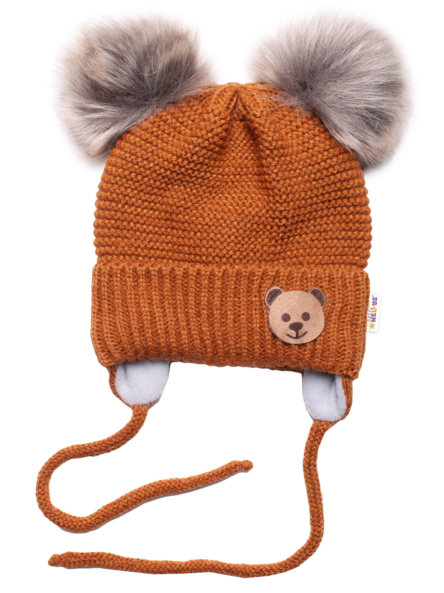 Zimná čiapka s fleecom Teddy Bear - chlupáčk. bambuľky - hnedá, šedá