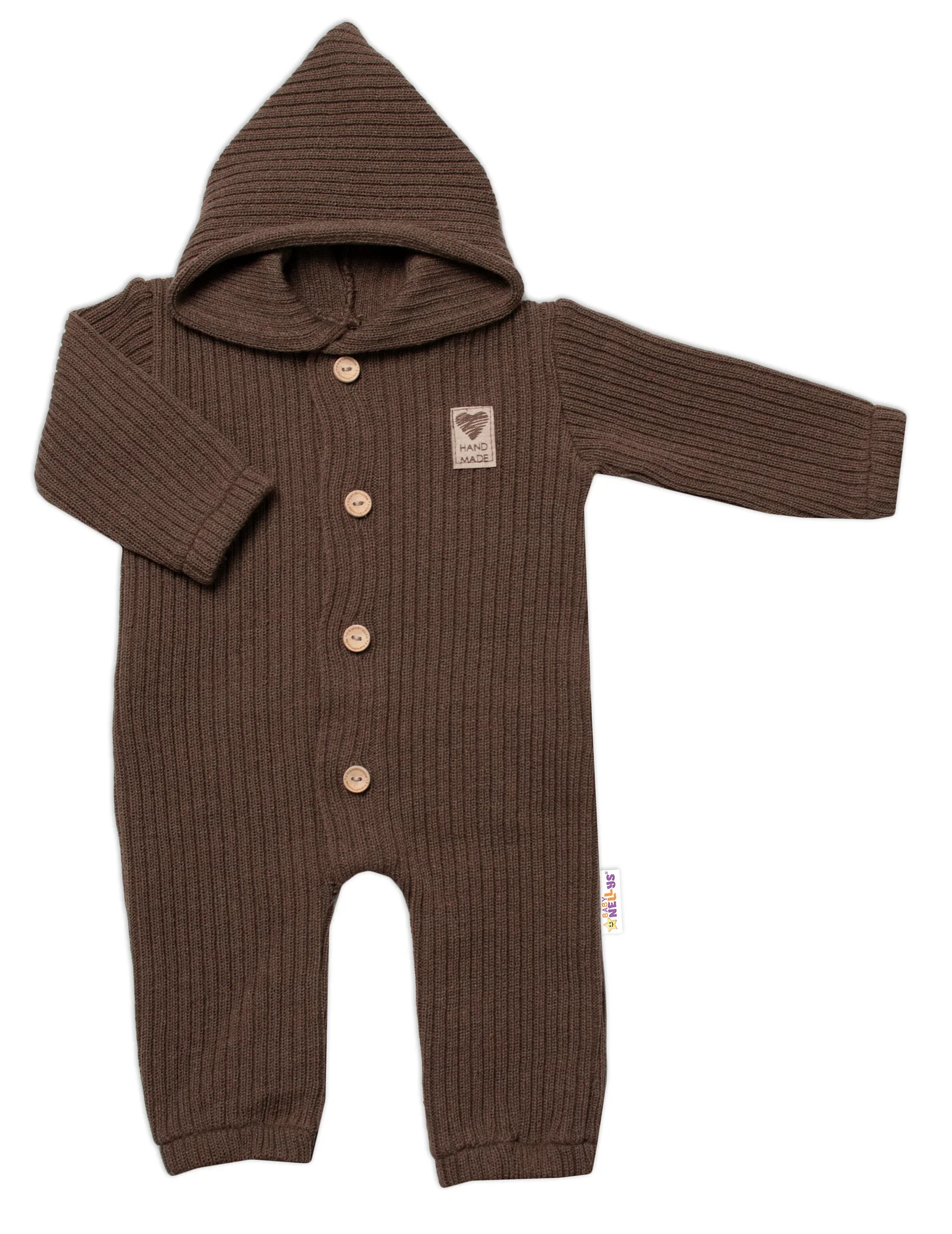 Baby Nellys Pletený overálok s kapucňou a gombíkmi Hand Made, hnedý, veľ. 68/74