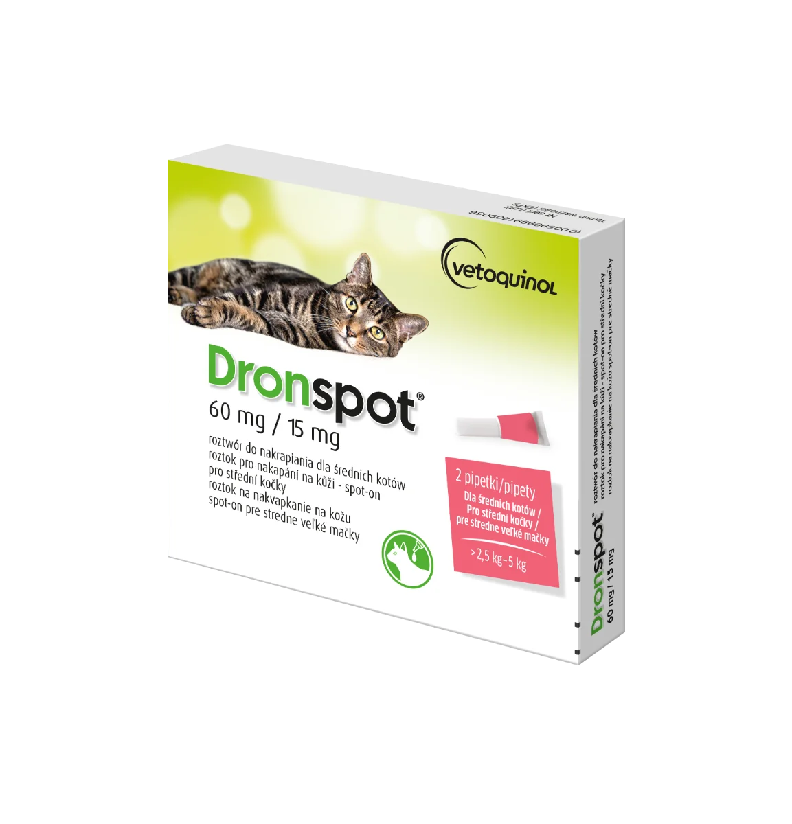 Dronspot 60 mg/15 mg spot-on (2 pipety) 2×0,7 ml, odčervenie stredne veľkých mačiek